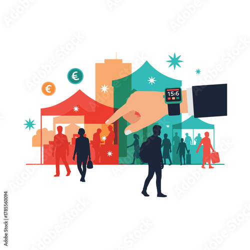 A large hand with a smartwatch makes a payment, superimposed over a colorful, silhouetted crowd at an outdoor market.