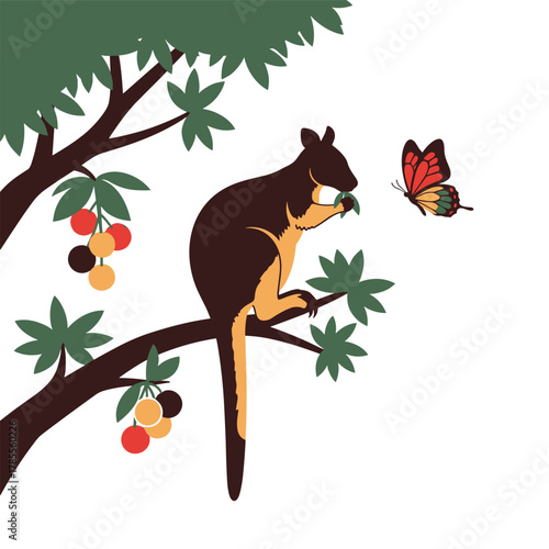 A tree kangaroo sits on a branch with colorful berries, eating a leaf and looking at a beautiful monarch butterfly.