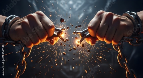 Breaking Free Powerful Hands Cracking Chains with Energetic Sparks Symbolizing Liberation and Strength for Motivational Projects and Empowerment Campaigns
