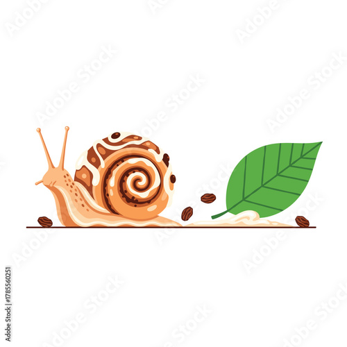 Whimsical snail character with a tasty cinnamon roll for a shell leaving a creamy trail by coffee beans and a leaf.