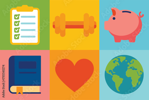 Outline color icons for health and knowledge, illustrating checklist, dumbbell, piggy bank, heart, globe, and open book,