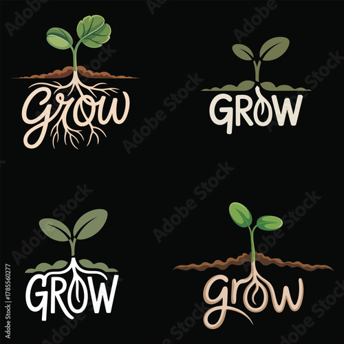 Grow seedling with roots and text on black background plant soil