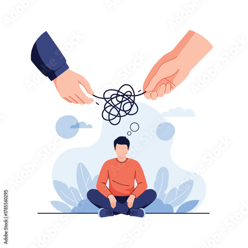 Mental health concept with two hands untangling a knot of complex thoughts above a person meditating peacefully below.