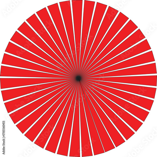 Red radial sunburst pattern with white triangular segments radiating from a dark central point within a circle