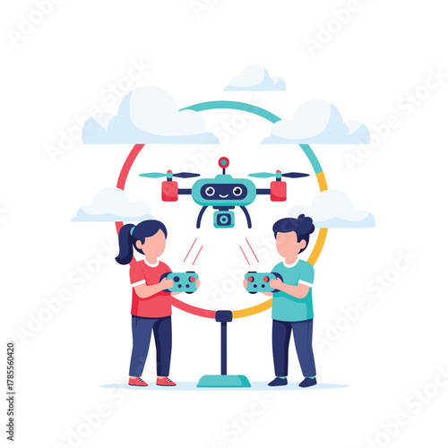 Young boy and girl having fun together outdoors, operating a cute, smiling cartoon drone with their remote controllers.
