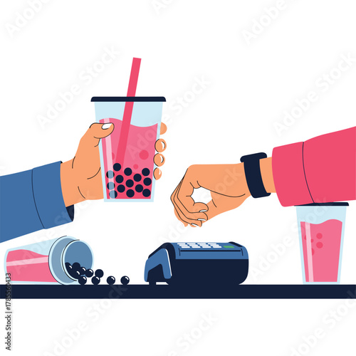 Customer uses a smartwatch for a quick contactless payment for bubble tea at a cafe, with one drink accidentally spilled.