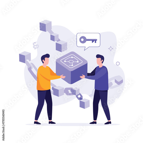 Two developers collaborating on blockchain technology, holding a block in a decentralized chain representing crypto security.
