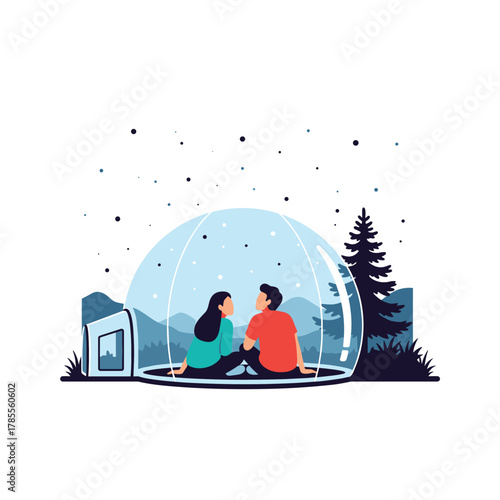 Romantic couple enjoying a glamping experience, sitting inside a transparent bubble dome tent under a starry night sky.