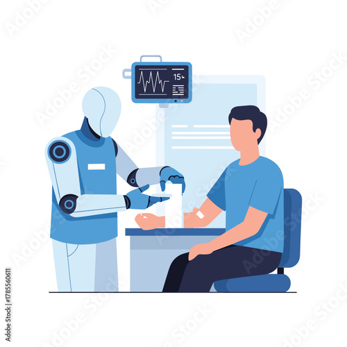 Futuristic healthcare concept with an AI robot nurse or doctor bandaging a male patient's arm in a modern clinic.
