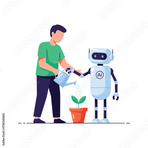 A human and an AI robot collaborate to water a small plant, symbolizing growth, technology, and future teamwork.