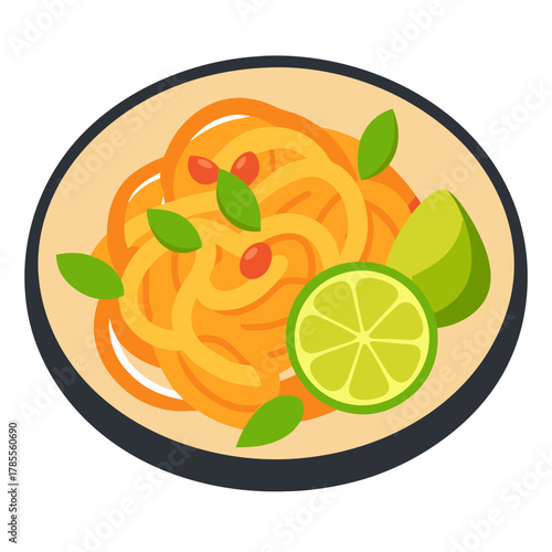 Pad Thai Noodles with Shrimp and Lime Vector Illustration