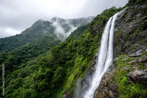 Majestic waterfall cascading down a rocky cliff in the jungle