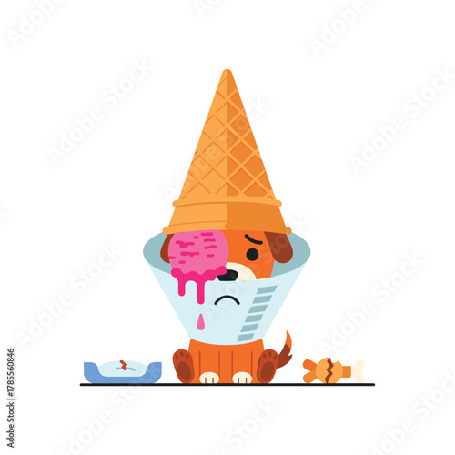 Unhappy cartoon puppy wearing a veterinary cone of shame with a melting scoop of strawberry ice cream on its head.