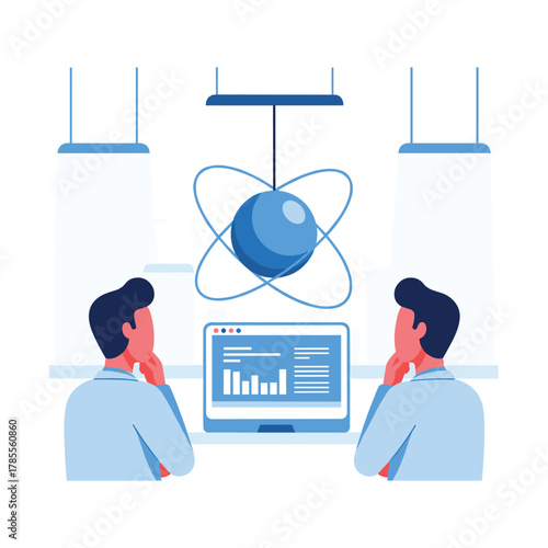 Two scientists in a laboratory analyzing data on a laptop screen while studying a large, suspended model of an atom above.