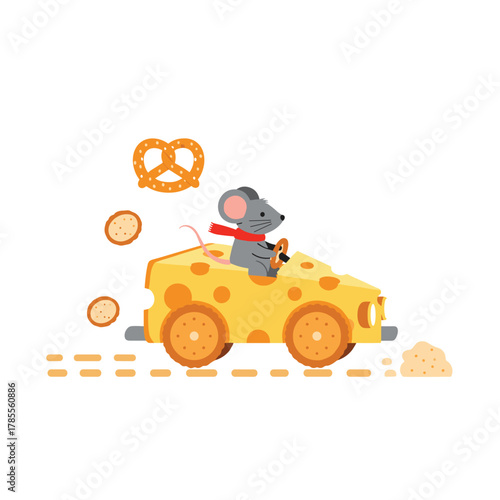 A cute gray mouse wearing a red scarf happily drives a car made of cheese with cracker wheels and a pretzel nearby.