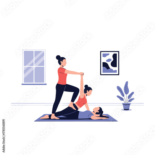 Yoga instructor assisting a student with a deep back stretch while another woman practices on a mat in a calm studio setting.