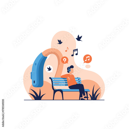 Concept of improved hearing with a large hearing aid and a man on a bench enjoying music and birds chirping outside.