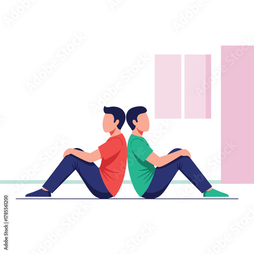 Two men sitting on the floor back-to-back, illustrating a concept of conflict, disagreement, or emotional distance.