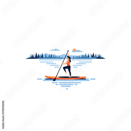 Woman enjoying stand-up paddleboarding on a calm blue lake with a scenic background of pine trees and mountains.