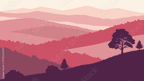 Mountain layers landscape illustration
Stylized vector illustration of a layered mountain landscape with hills and trees, featuring a vibrant pink and purple gradient color scheme.
