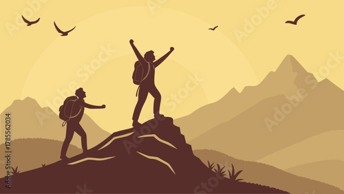 Hiker celebrates achievement on mountain summit
Two hikers in silhouette on a mountain peak at sunset, one with arms raised in a gesture of success and achievement.