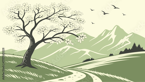 Spring landscape with blooming tree and mountains
Vector illustration of a tranquil spring landscape featuring a blooming tree, rolling hills, mountains, a winding path, and flying birds.