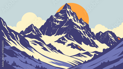 Mountain landscape with sun and snow

Stylized vector illustration depicting a majestic mountain range with snow-capped peaks and a prominent sun in the sky, set against a calm background.