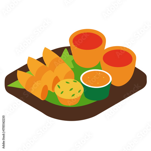 Thai Appetizers Platter with Spring Rolls and Dipping Sauce Vector Illustration