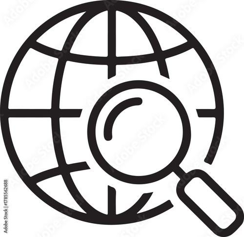 Vector outline icon depicting a globe with a magnifying glass symbolizing global search and internet exploration
