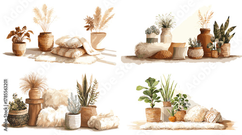 Warm watercolor boho decor set featuring pillows, blankets, woven baskets, potted plants, dried flowers, and ceramic vases. Perfect for cozy home styling, neutral interiors, and modern decor themes.