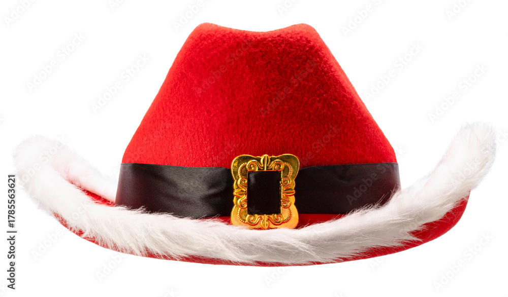 Obraz premium Red cowboy hat with white furry trim and gold buckle ideal for a Christmas party on white background with clipping path.