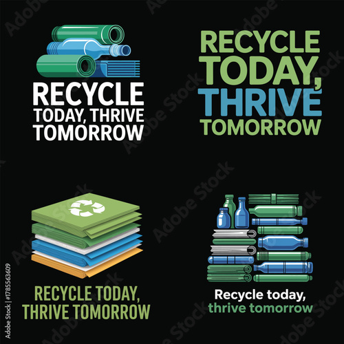 Recycling message with bottles and paper stacks on black background glass