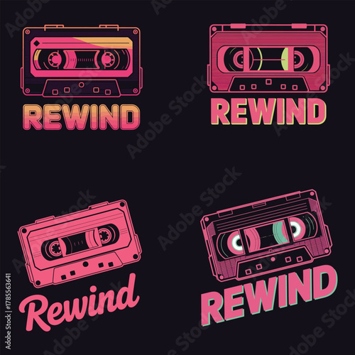 Retro cassette tapes with rewind text in neon colors on black audio music