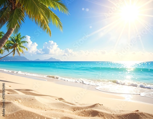 Wallpaper Mural Tropical beach scene with vibrant blue water, sun, and palm fronds Torontodigital.ca