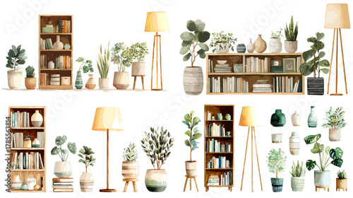 Watercolor home decor set featuring bookshelves, potted plants, floor lamps, ceramics, and cozy interior elements. Ideal for modern styling, boho decor, and botanical home illustrations.