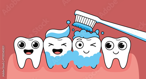 Happy cartoon teeth get a bubbly scrub with a toothbrush and toothpaste