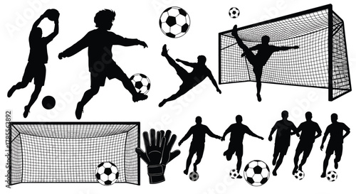 A dynamic collection of soccer silhouettes showcasing players in action, capturing the energy and skill of the game from powerful kicks to strategic saves