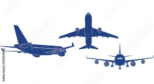 Modern jetliner views from side top and front for travel concepts