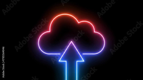 Neon Cloud and Lightning Bolt Icon Animation on Black Background.