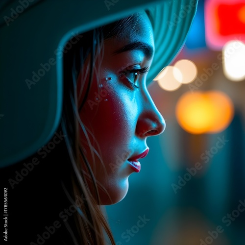 woman in a blue hat looking out the window at night, illuminated by the soft glow of the city lights.