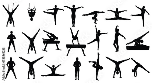 A collection of gymnast silhouettes performing various acrobatic moves, the figures showcase flexibility, strength, and balance in black against a clean backdrop