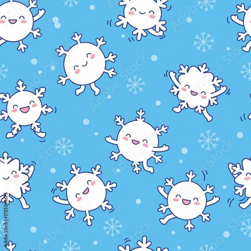 Cute Cartoon Snowflake Seamless Pattern: Happy Kawaii Winter Fabric Print