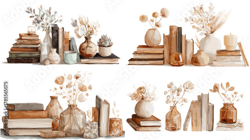 Watercolor illustration set of stacked books, vases, dried flowers, candles, and cozy decor in warm neutral tones. Ideal for home styling, bookshelf art, boho interiors, and minimalist compositions.