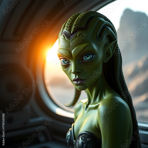 a green alien female with blue eyes standing in front of a window, illuminated by a warm, golden light. 