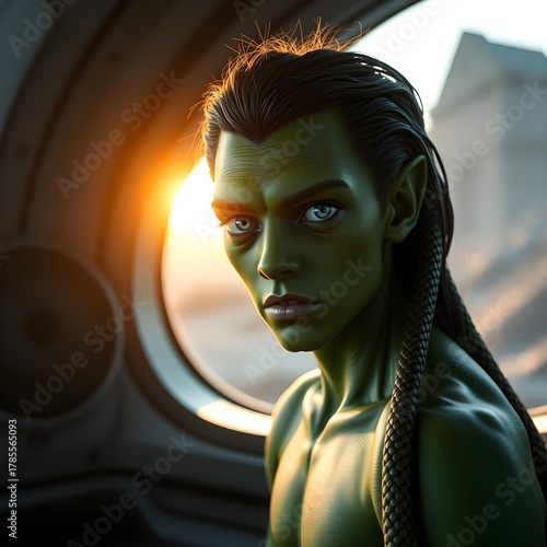 Alien man with green skin and braids standing in front of a window, illuminated by the warm light of the setting sun. 