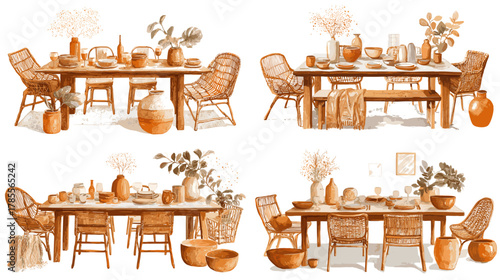 Warm watercolor illustration of boho dining table decor featuring wicker chairs, pottery, table settings, plants, and rustic elements. Perfect for interior design, home styling, and cozy decor themes.