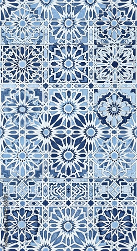 A detailed and intricate pattern of traditional blue and white geometric tiles arranged in a repeating mosaic design