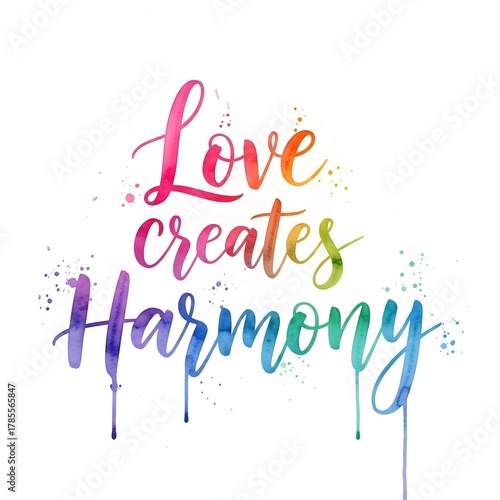 Colorful Handwritten Quote Saying Love Creates Harmony with Artistic Watercolor Style and Vibrant Splash Effects