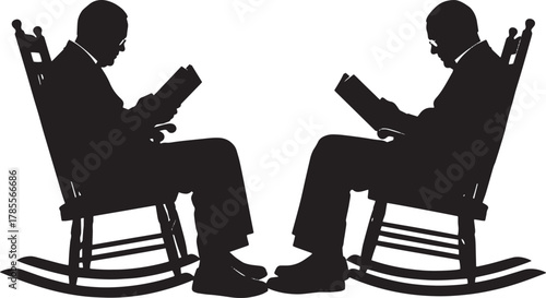 Two men are sitting in rocking chairs and reading books the silhouette of the men is visible against the white backdrop, creating a striking contrast