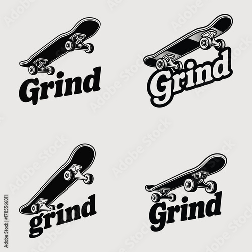 Skateboard with grind text in bold retro style on light background trick sport